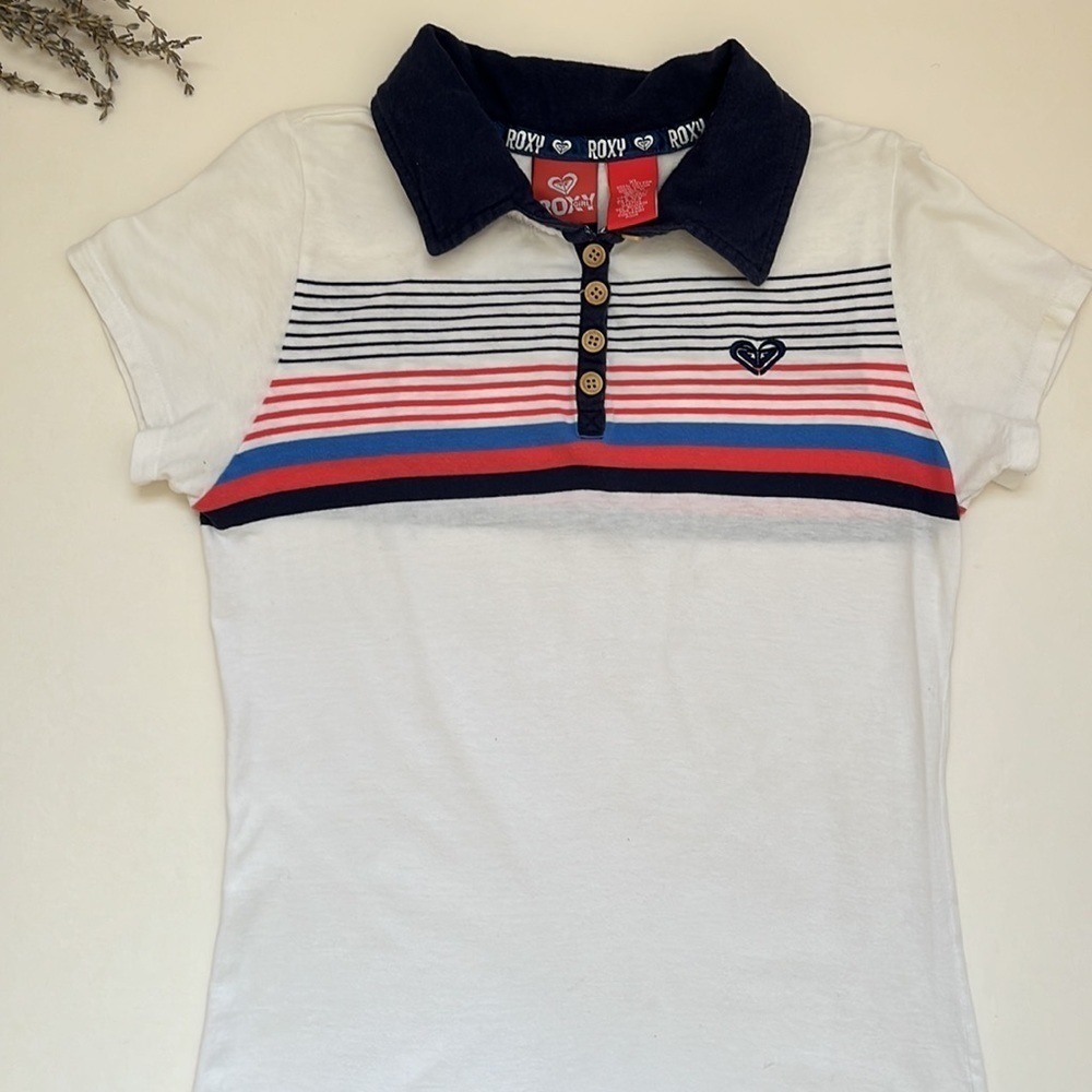 Roxy Girl Cotton 90s Y2K Style Sports Tennis Striped Chest Polo Top Shirt Tee - Picture 5 of 8